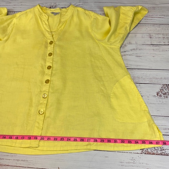 John Mark Women Yellow Linen XXL Button Down Tunic Top Roll Tab Sleeve Relaxed - Picture 10 of 13